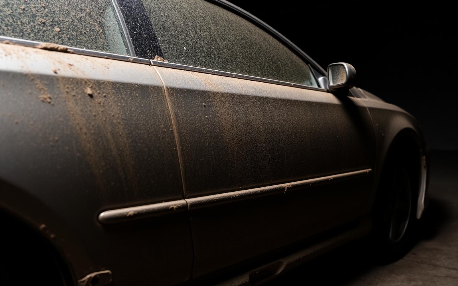 Same car before detailing, covered in dirt and dust